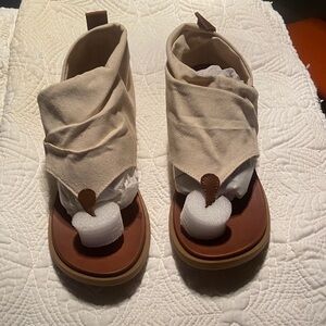 MIA Cream Canvas Wrap Sandals with Brown Footbed